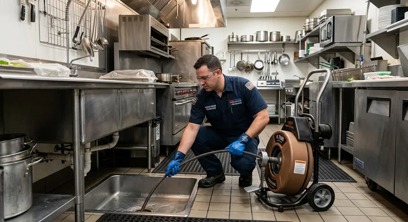 Commercial drain cleaning service in a restaurant kitchen in Frankford