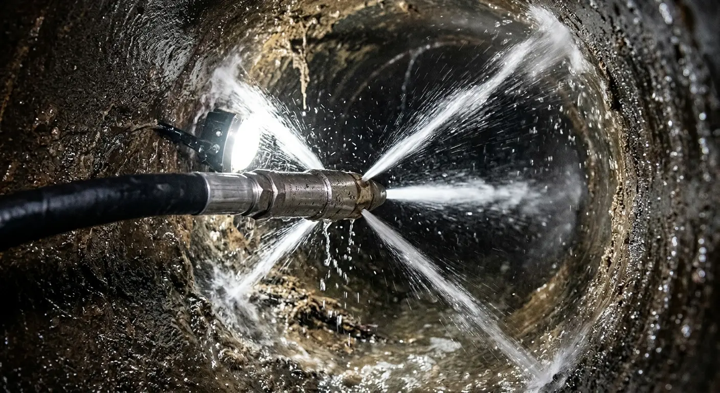High-pressure hydro jetting nozzle cleaning sewer pipe for Emergency Drain Service in Frankford