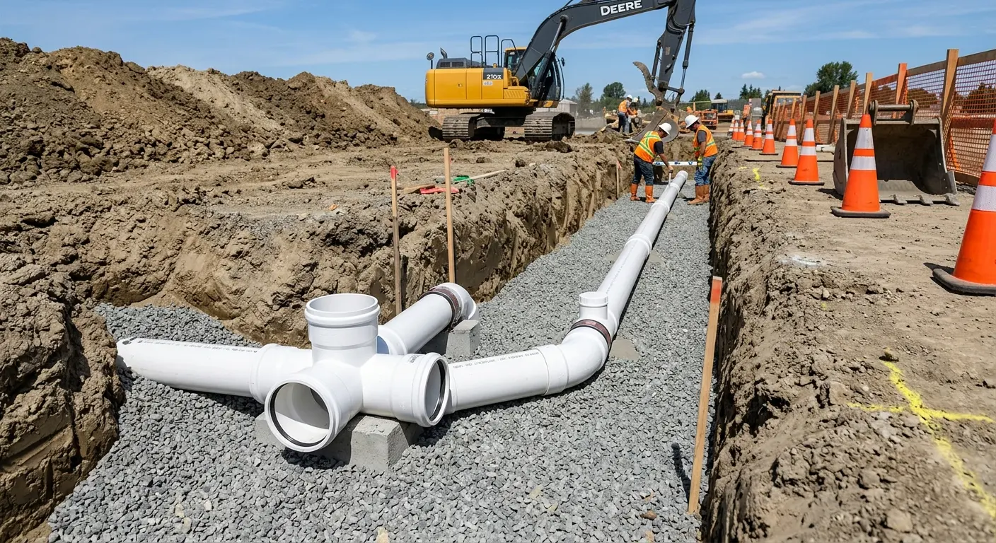 New PVC sewer pipe installation in open trench for Sewer Backup in Frankford