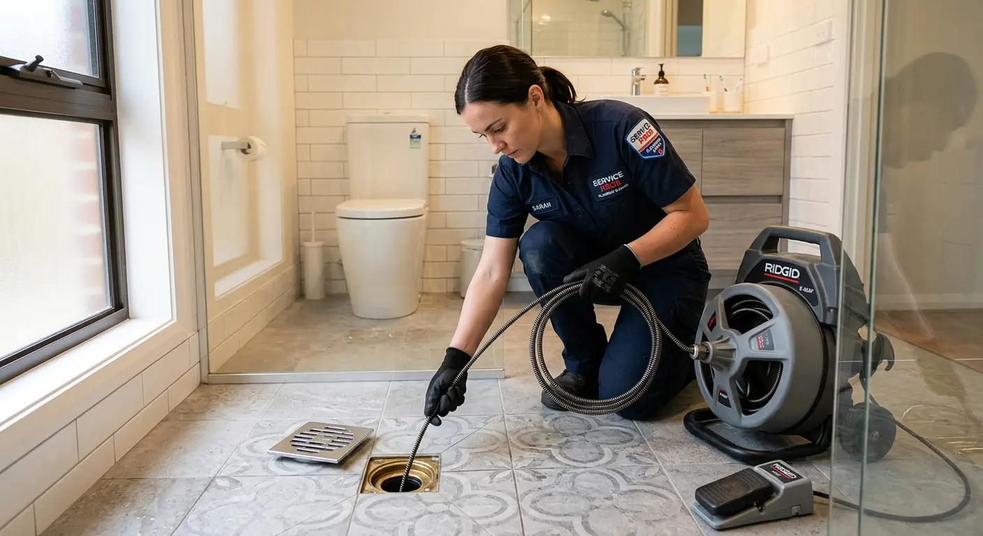 Technician clearing a bathroom floor drain for Sewer Line Replacement in Frankford